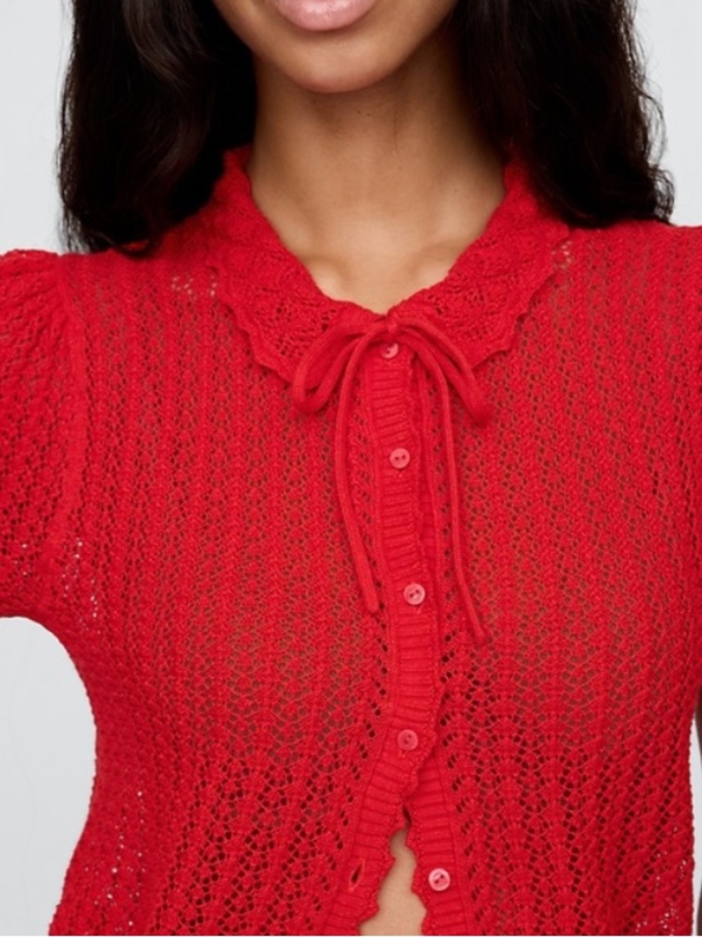 Gap x Doen Red Knit Pointelle Short-Sleeve Button Cardigan Sweater - Picture 2 of 6